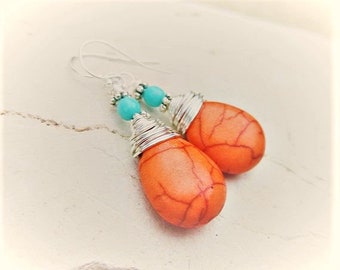 Turquoise and Orange Earrings. Orange Turquoise Howlite Dangle Earrings. Tangarine Orange Earrings. Turquoise and Coral Jewelry