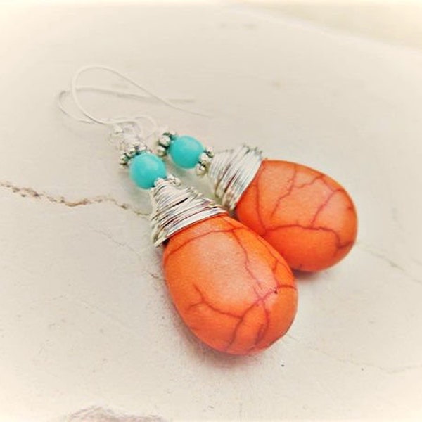 Turquoise and Orange Earrings. Orange Turquoise Howlite Dangle Earrings. Tangarine Orange Earrings. Turquoise and Coral Jewelry