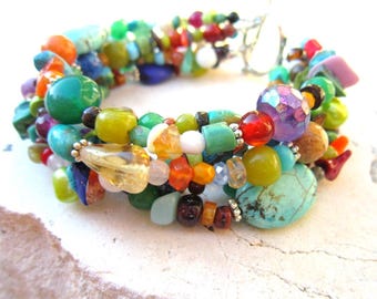 Multi Color Beaded Bracelet. Six Strand Bracelet. Chunky Boho Bracelet.  Semi Precious Stone Bracelet. Colorful Bracelet. Colorful Jewelry