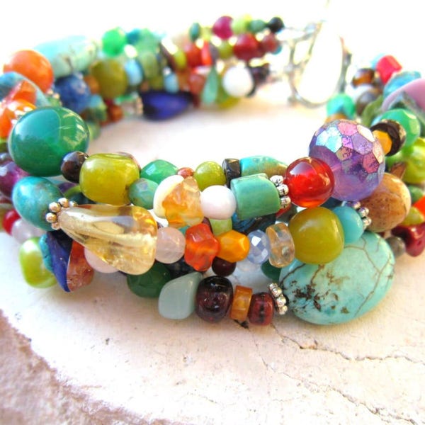 Multi Color Beaded Bracelet. Six Strand Bracelet. Chunky Boho Bracelet.  Semi Precious Stone Bracelet. Colorful Bracelet. Colorful Jewelry