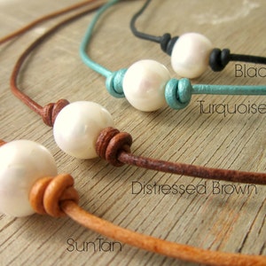 Choice of Leather and Pearl Necklace.Pearl Choker Necklace.Large White Pearl and Leather Necklace.Leather Jewelry. Pearl Jewelry