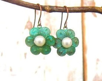 Green Verdigris Flower Earrings with Freshwater Pearls. Green Verdigris Jewelry.Pearl Earrings. Green Jewelry.Flower Jewelry. Rustic Jewelry