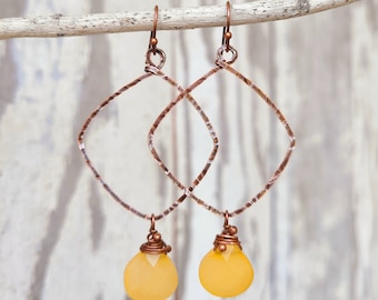 Yellow Jade Hoop Earrings.  Wire Wrapped Briolette Dangle Earrings. Yellow & Copper Earrings. Rustic Jewelry. Yellow Jewelry. Jade Jewelry