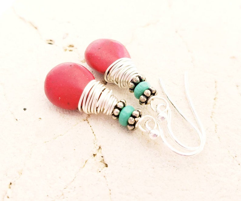 Red and Turquoise Jewelry Wire Wrapped Red and Turquoise Earrings.Red Dangle Earrings.Red and Turquoise Drop Earrings Red Earrings