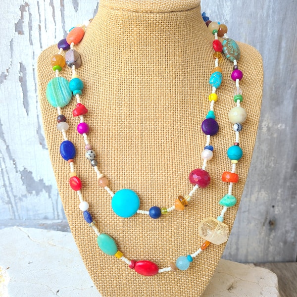 Multi Color Necklace. Semi Precious Stone Colorful Seed Bead Necklace. Multi Color Jewelry. Multi Stone Jewelry. Semi Precious Stone Jewelry