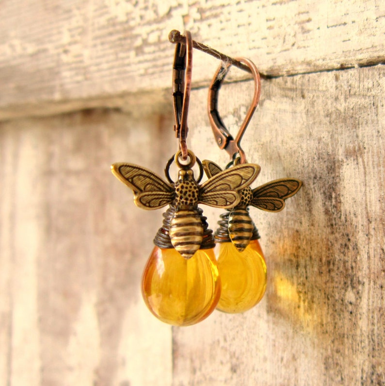 Honey Bee Earrings. Honey Bee Jewelry.wire Wrapped Glass Honey Etsy
