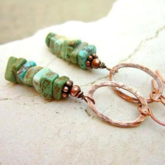 Green Turquoise Stacked Stone Dangle Earrings.Hammered Copper Earrings.Turquoise Earrings.Turquoise Jewelry.Rustic Jewelry.Genuine Turquoise