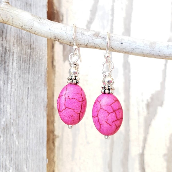 Hot Pink Earrings. Bright Pink Dangle Earrings. Pink Howlite Stone & Bali Silver Drop Earrings. Pink Howlite Jewelry. Pink Jewelry