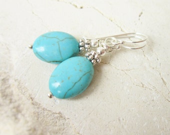 Oval Turquoise Dangle Earrings. Blue Turquoise Earrings. Howlite Stone & Silver Drop Earrings. Howlite Jewelry. Turquoise Jewelry