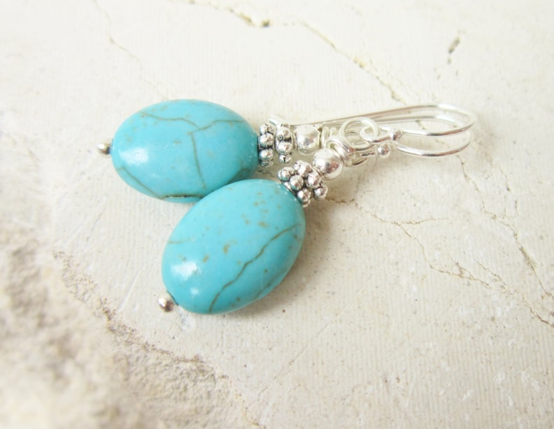 Blue Turquoise Earrings Oval Turquoise Dangle Earrings Howlite Stone /& Silver Drop Earrings Turquoise Jewelry Howlite Jewelry