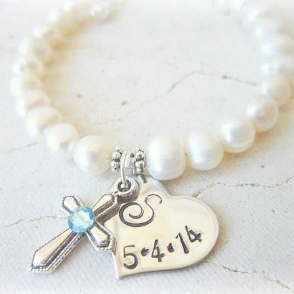 Girls Baptism Gift. Girl's First Communion Gift. Birthstone Cross Bracelet. Girl's Genuine Pearl Initial with Date Bracelet.Christening Gift