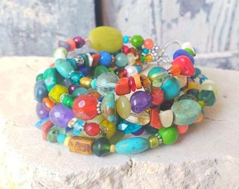 Multi Color Beaded Bracelet. Six Strand Bracelet. Chunky Boho Bracelet.  Semi Precious Stone Bracelet. Colorful Bracelet. Colorful Jewelry