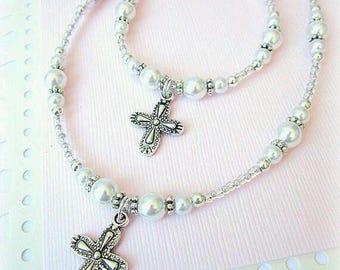 Bautismo Jewelry.Girls perlas collar y pulsera de perlas Set.First comunión comunión Gift.First Jewelry.Girls cruzan Jewelry.Religious joyería