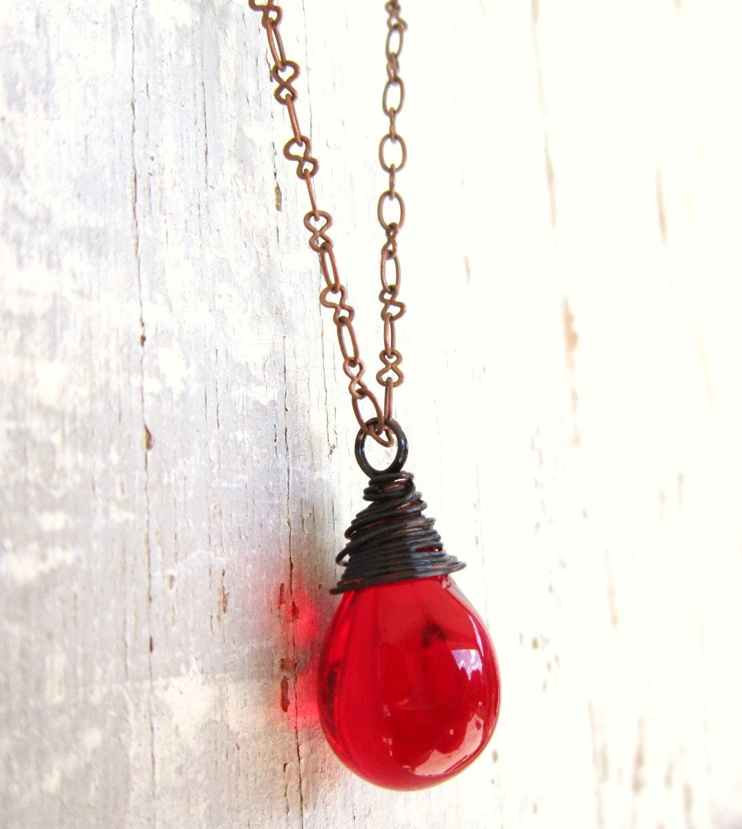 Ruby Red Necklace. Wire Wrapped Red Glass Briolette Necklace. Etsy