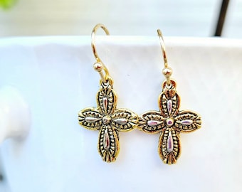 Gold Cross Earrings. Gold Dangle Earrings. Gold Jewelry. Gold Cross Earrings. Cross Jewelry. Religious Gift for Her. Gift of Faith
