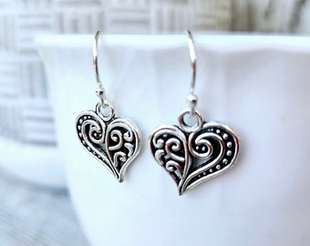 Filigree Heart Earrings. Silver Heart Dangle Earrings. Valentines Earrings. Heart Jewelry. Gift for Heart Lover. Valentines Gift for Her