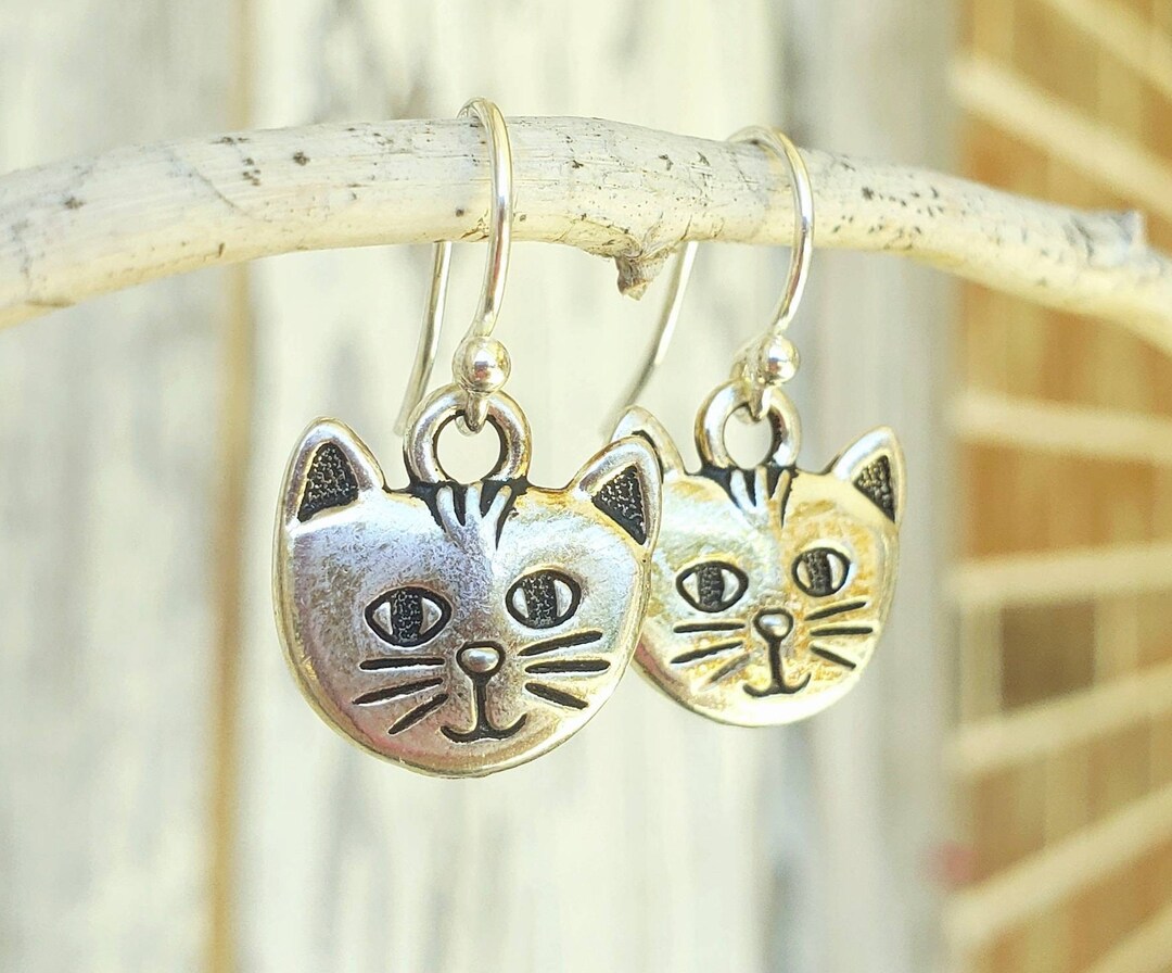 Boucles D'oreilles Vintage Argent 925 Tête Chat Renard Zircon Clou (manque Fermoir)