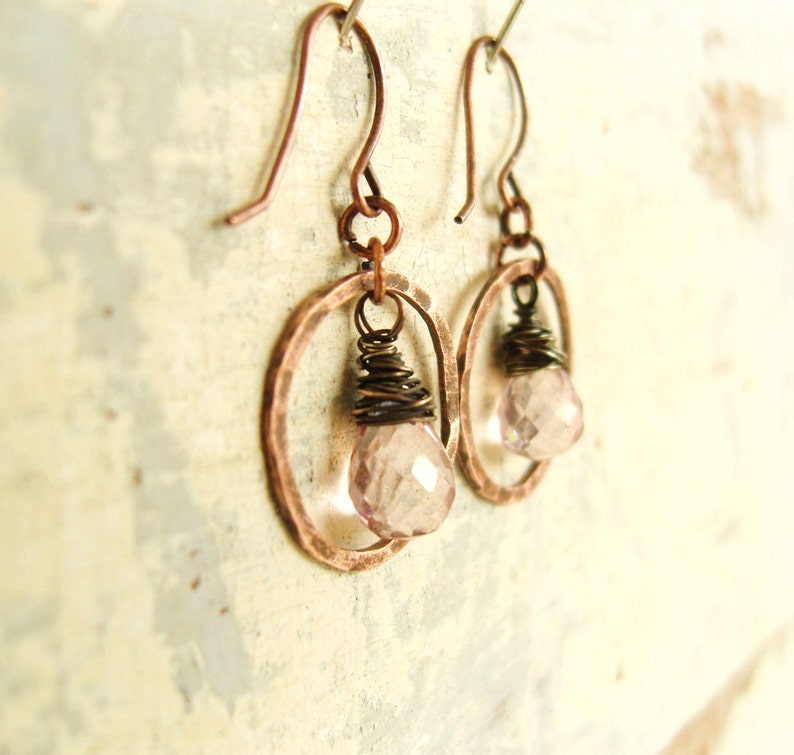 Wire Wrapped Biolette /& Hammered Copper Circle Dangle Earrings Pink Mystic Quartz Jewelry Pink Mystic Quartz Drop Earrings