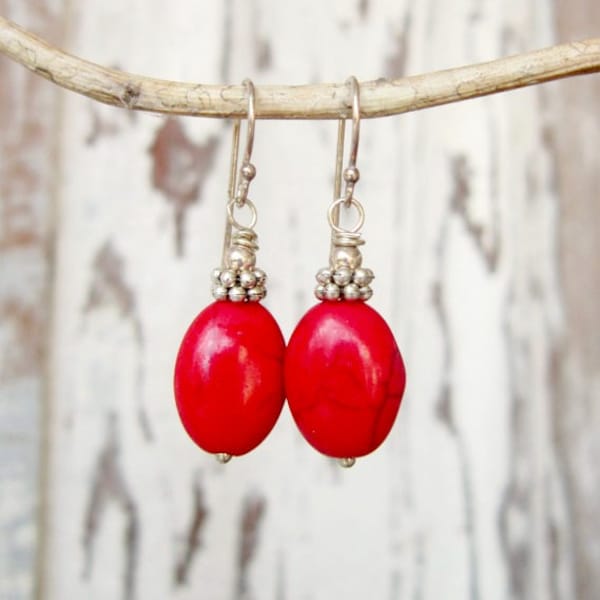 Red Earrings. Red Turquoise Dangle Earrings. Red Howlite Turquoise Drop Earrings. Red Turquoise Jewelry. Red Jewelry.Red Bridesmaid Earrings