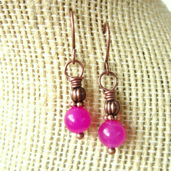 Magenta Dangle Earrings. Magenta Jade & Copper Drop Earrings. Pink Earrings. Copper Earrings. Pink Jewelry. Breast Cancer Awareness Jewelry