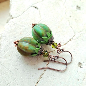 Green Czech Glass Pumpkin Earrings. Green Gourd Fall Earrings. Copper &  Autumn Earrings. Fall Dangle Earrings. Autumn Jewelry. Fall Jewelry