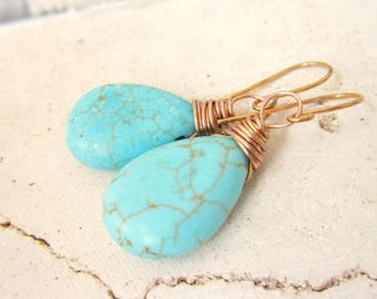 Turquoise Earrings Gold. Gold Wire Wrapped Turquoise Howlite Dangle Earrings. Turquoise Jewelry. Gold and Turquoise Earrings.Wedding Jewelry