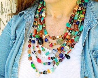 Multi Semi Precious Stone Necklace.Colorful Necklace.Six Strand Statement Necklace. Multi Color Jewelry.Multi Stone Jewelry.Colorful Jewelry