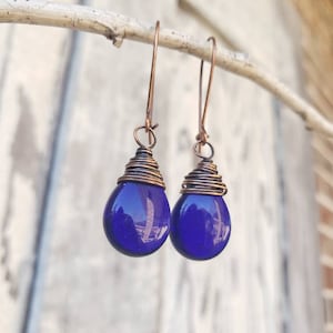 Cobalt Blue Earrings. Oxidized Copper Wrapped Glass Dangle Earrings. Cobalt Czech Glass  Earrings. Dark Blue Jewelry. Blue Rustic Jewelry