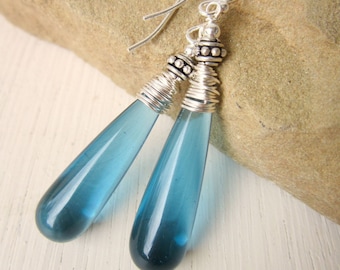 Clear Blue Earrings. Long Blue Dangle Earrings. Blue Drop Earrings. Sapphire Blue Jewelry. Blue Czech Glass Jewelry.Czech Glass Earring