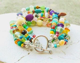 Multi Color Beaded Bracelet. Six Strand Bracelet. Chunky Boho Bracelet.  Semi Precious Stone Bracelet. Colorful Bracelet. Colorful Jewelry