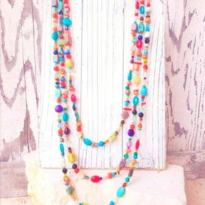 Long Multi Color Necklace. Multi Semi Precious Stone Necklace. Three Strand Graduated Long Necklace. Colorful Jewelry. Multi Stone Necklace