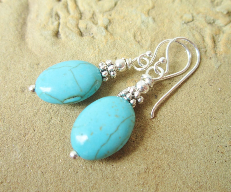 Blue Turquoise Earrings Oval Turquoise Dangle Earrings Howlite Stone /& Silver Drop Earrings Turquoise Jewelry Howlite Jewelry