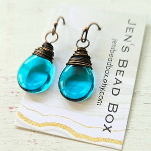 Czech Glass Turquoise Earrings. Oxidized Wire Wrapped Teardrop Teal Dangle Earrings. Turquoise Czech Glass Earrings. Turquoise Jewelry