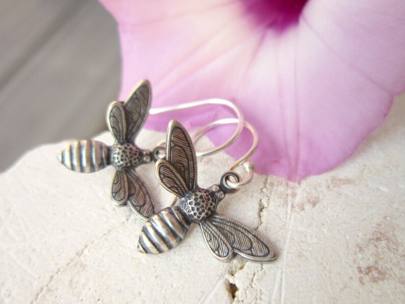 Silver Honey Bee Earrings. Honey Bee Dangle Earrings. Gift for a Beekeeper. Honey Bee Jewelry.Gift for a Bee Lover. Beekeeper Jewelry image 1