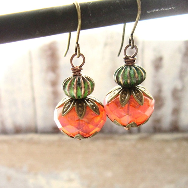 Czech Glass Dangle Earrings. Verdigris Drop Earrings. Copper Earrings. Verdigris Jewelry