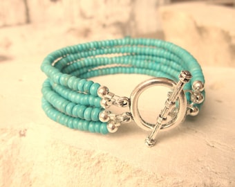 Multi Strand Turquoise Bracelet. Six Strand Bracelet. Green Turquoise Chunky Bracelet. Turquoise Jewelry.Turquoise Boho Jewelry