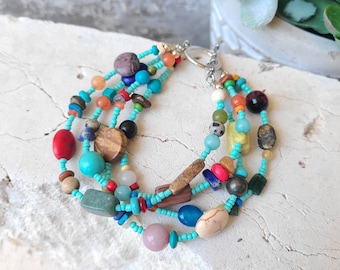 Multi Strand Bracelet. Colorful Semi Precious Stone Bracelet. Four Strand Toggle Bracelet. Confetti Jewelry. Colorful Jewelry. Boho Jewelry