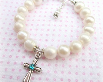 Children's Birthstone Cross Bracelet. Girl's Pearl Bracelet. Baptism Gift. First Holy Communion Gift. Children's Jewelry. Birthstone Jewelry