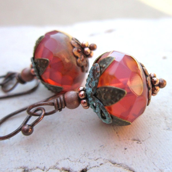 Czech Glass Dangle Earrings. Verdigris Drop Earrings. Copper Earrings. Verdigris Jewelry