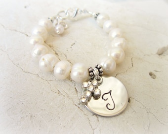 Girl's First Communion Gift. Girls Baptism Gift. Crystal Cross and Pearl Bracelet. Genuine Pearl Initial Bracelet. Baptism Jewelry