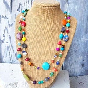 Semi Precious Stone Necklace. Colorful Seed Bead Necklace. Multi Color Jewelry. Multi Stone Jewelry. Semi Precious Stone Jewelry