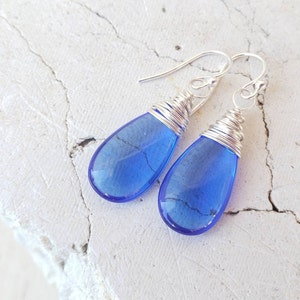 Blue Sapphire Earrings. Wire Wrapped Czech Glass Blue Earrings. Blue Glass Earrings. Royal Blue Glass Jewelry.Blue Jewelry. Sapphire Jewelr