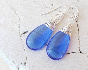 Blue Sapphire Earrings. Wire Wrapped Czech Glass Blue Earrings. Blue Glass Earrings. Royal Blue Glass Jewelry.Blue Jewelry. Sapphire Jewelr