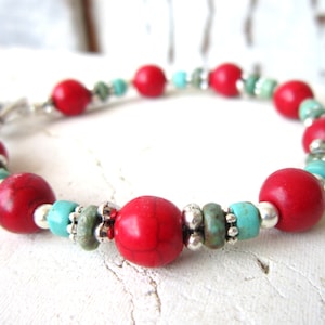 Genuine Turquoise & Red Coral Bracelet. Turquoise Toggle Bracelet. Genuine Turquoise Jewelry.Southwest Jewelry. Semi Precious Stone Bracelet