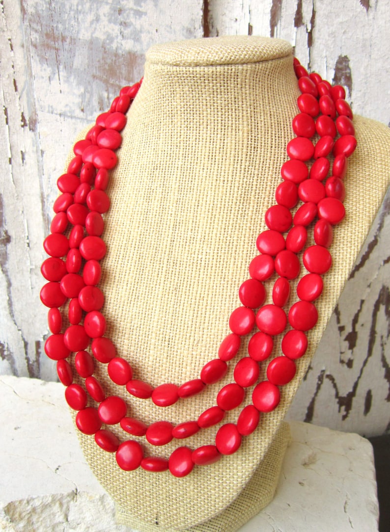 Red Turquoise Necklace.Triple Strand Red Howlite Necklace. Red Statement Necklace. Red Jewelry. Red Necklace. Red Bridesmaid Jewelry image 2