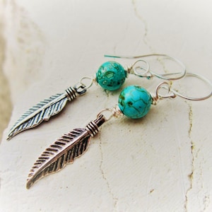 Southwest Silver Feather Earrings. Genuine Turquoise Silver Feather Dangle Earrings. Genuine Turquoise Jewelry. Turquoise Drop Earrings