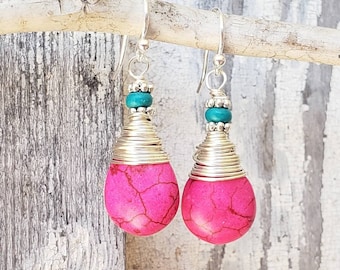 Wire Wrapped Pink and Turquoise Earrings.Pink Dangle Earrings.Pink and Turquoise Drop Earrings. Pink and Turquoise Jewelry. Pink Earrings