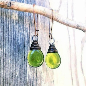 Long Acocado Green Earrings. Rustic Wire Wrapped Briolette Earrings. Green Dangle Earrings. Green Glass Drop Earrings. Olive Green Jewelry