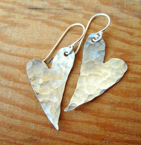 Sterling Silver Heart Earrings. Hammered Silver Earrings. Sterling