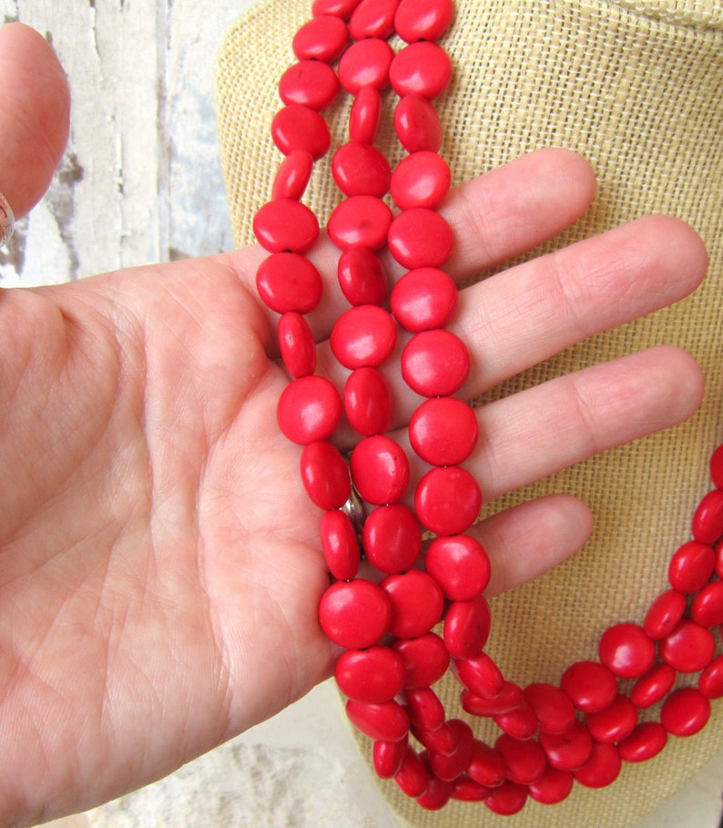 Red Turquoise Necklace.Triple Strand Red Howlite Necklace. Red Statement Necklace. Red Jewelry. Red Necklace. Red Bridesmaid Jewelry image 4